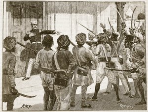 De Kantzow défendant le Trésor à Mynpooree, illustration de Cassells Illustrated History of England - English School