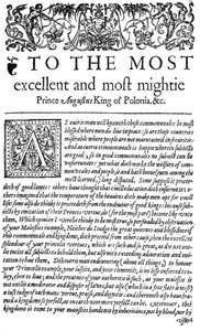 Dédicace au roi de Pologne Sigismond II Auguste I dans Le Conseiller, la première traduction anglaise de De optimo senatore de Wawrzyniec Grzymała Goślicki, 1598 (impression) - English School