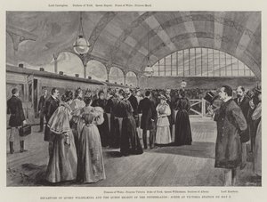Départ de la reine Wilhelmina et de la reine régente des Pays-Bas, scène à la gare Victoria le 9 mai (lithographie) - English School