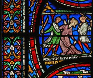 (détail) de la fenêtre du Miracle : histoire de Matilda la Folle de Cologne - English School