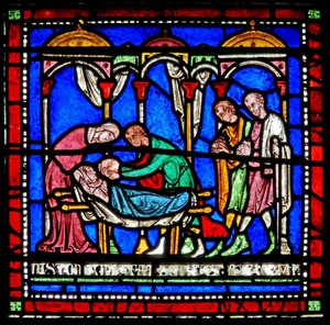 (détail) de la fenêtre du Miracle : histoire de Richard de Sunieve - English School
