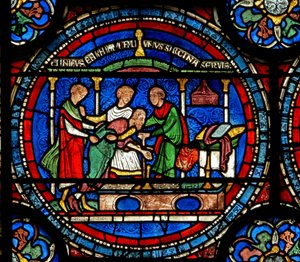 (détail) de la fenêtre du Miracle représentant Robert de Cricklade au tombeau - English School