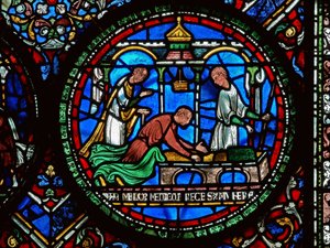 Détail de la fenêtre des Miracles représentant William Kellett et Adam Forrester - English School