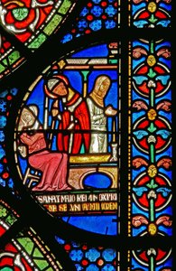 (détail) de la fenêtre du Miracle : guérison des filles de Godbold de Boxley - English School