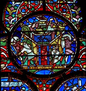 (détail) de la fenêtre de St. Alphege représentant le siège de Canterbury - English School