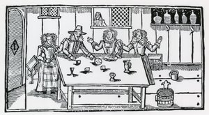 Jeu de dés. Femmes dans une taverne encourageant un jeune homme à perdre son argent - English School