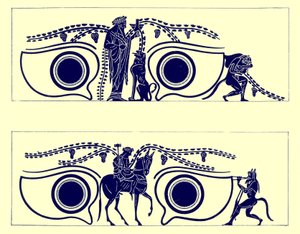 Dionysos, Héphaïstos et satyres, illustration des Peintures de vases grecs par J. E. Harrison et D. S. MacColl, publié en 1894