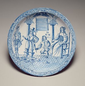 Plat avec la reine Catherine assise faisant ajuster une chaussure par un cavalier agenouillé, 1677 - English School