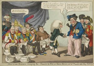 Docteur Boney amenant les puissances à Pot, ou John Bull et ses amis plutôt timides, pub. 1808 (gravure en couleur) - English School