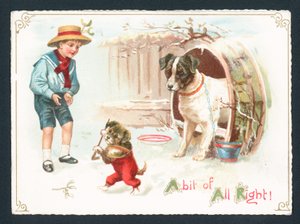 Chien, chiot et garçon jouant dans la neige, Carte de Noël - English School