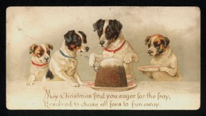 Chiens servant un pudding de Noël, carte de vœux - English School