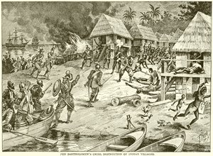 Destruction cruelle des villages indiens par Don Bartholomew - English School