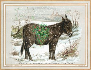 Âne portant du houx dans la neige, carte de Nouvel An