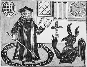 Dr Faustus dans un cercle magique, frontispice de la traduction de Dr Faustus par Gents, publié en 1648 - English School