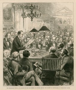 Dr Schiemann racontant ses découvertes à Mycènes devant la Société des antiquaires à Burlington House - English School
