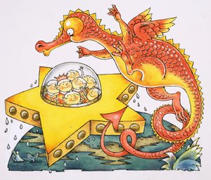 Dragon entourant un vaisseau spatial en forme d