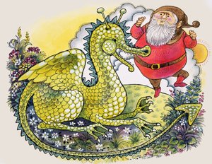 Dragon avec homme barbu dodu