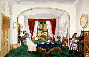 Intérieur de salon, femme au piano, homme avec chapeau melon écrivant, vers 1850 - English School