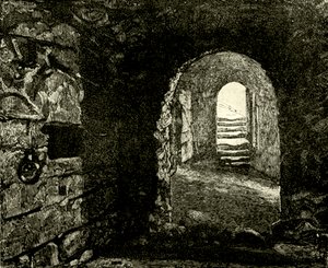 Donjons dans le château sous la chambre de la reine Marie. Illustration de Cassells Old and New Edinburgh par James Grant, vers 1900 - English School