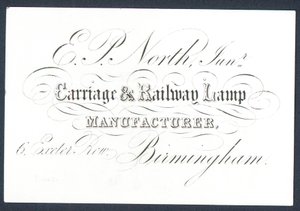 E P North, Junior, fabricant de lampes pour voitures et chemins de fer, carte de visite - English School