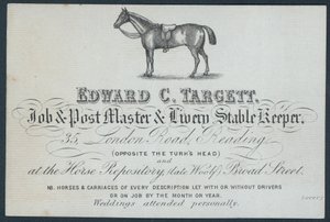 Edward C Targett, maître de poste et écurie de location, carte de visite - English School