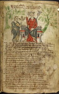 Édouard II assis sur un trône, avec un sceptre dans la main gauche, et touchant sa couronne de la main droite. Une petite figure (peut-être une personnification du Pays de Galles) lui offre une autre couronne (probablement la couronne d