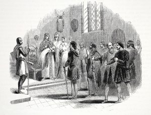 Édouard Ier présentant aux chefs gallois un prince né parmi eux, au château de Rhuddlan - English School