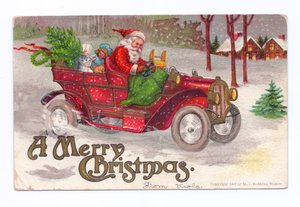 Carte postale de Noël édouardienne représentant le Père Noël conduisant une voiture de collection dans la neige, vers 1910 (lithographie couleur)