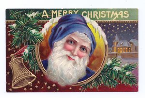 Carte postale de Noël édouardienne représentant le Père Noël avec du gui et une cloche, vers 1910 (lithographie couleur)