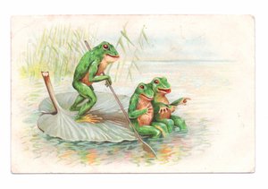 Carte postale édouardienne représentant deux grenouilles assises sur un bateau de nénuphars tandis qu