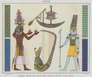 Égyptien, costume égyptien ancien, bateau à voile et harpe - English School