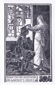 Elaine attache sa manche autour du casque de Sir Lancelot, illustration de 