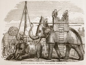 Éléphant équipé pour la bataille, avec armure, howdah, etc., illustration de Cassell