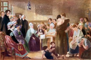 Elizabeth Fry visitant la prison de Newgate (lithographie couleur) - English School