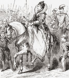 Élisabeth I inspectant ses troupes au port de Tilbury, 1588, de Ward et Locks Illustrated History of the World, pub. c.1882 - English School
