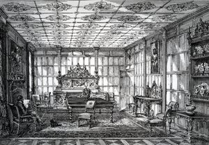 Salle à manger élisabéthaine, publiée dans The House-Furnisher & Decorator, 1er octobre 1872 - English School