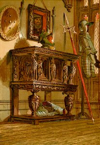 Buffet ou armoire élisabéthaine au château de Warwick (gravure en couleur)