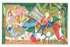 Lutins et anges célébrant le Nouvel An, Carte de Nouvel An - English School