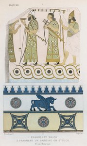 Brique émaillée, Fragment de peinture sur stuc, Nimroud (lithographie couleur) - English School