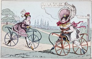 Caricature anglaise sur les chevaux de bois en 1819 (premiers vélos) - dans « Le cyclisme théorique et pratique » par Baudry de Saulnier