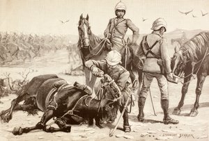 Cavalerie anglaise abreuvant leurs chevaux pendant la guerre des Mahdistes, Soudan dans les années 1880 (lithographie) - English School