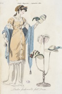 Planche de mode anglaise représentant une jeune femme choisissant un chapeau, 1812 - English School