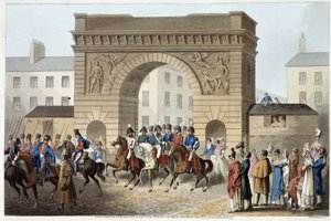 Les Anglais et alliés entrent à Paris dans « Anecdotes historiques, militaires et navales et incidents arrivés aux armes de la Grande-Bretagne et de leurs alliés, se terminant à Waterloo » par Edward Orme. Ill. par Fry, Sutherland, Clark, Dubourg, W.Heart,