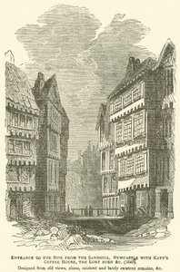 Entrée du côté du Sandhill, Newcastle avec le café de Katy, le Lort Burn etc, 1640, conçu à partir de vues anciennes, plans, restes existants et récemment existants, etc - English School