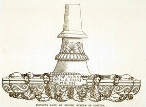 Lampe en bronze étrusque au musée de Cortona (gravure) (photo n/b) - English School