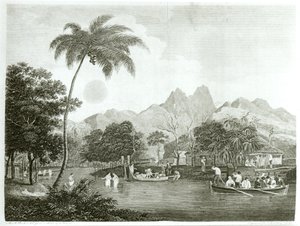 Missionnaires européens dans un village tahitien, de A Missionary Voyage to the Southern Pacific Ocean Performed in the Years 1796-98 in the Ship Duff, publié en 1799 - English School