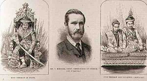 Expédition en Haute-Birmanie : Le roi Theebaw (1858-1916) en état, M. T. Bernard, commissaire en chef de Birmanie, maintenant à Mandalay, le roi Theebaw et sa reine, Soopya-Lat, de The Illustrated London News