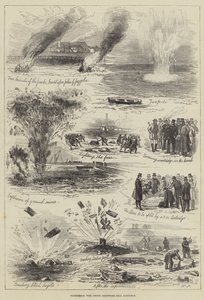 Expériences avec de la poudre à canon en coton près de Faversham (gravure) - English School