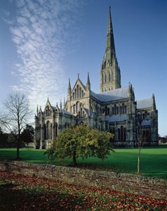 Vue extérieure de la cathédrale de Salisbury, 1220-58 - English School