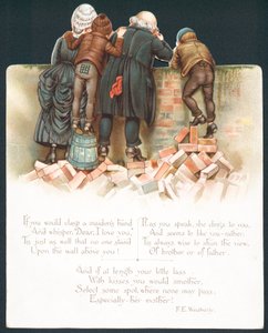 Famille penchée sur un mur regardant un couple romantique, carte de Noël - English School